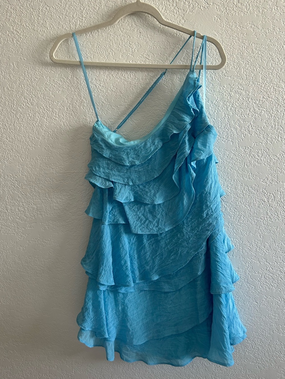 Billy J Cassidi Blue Asymmetrical One Shoulder Ruffle Tier Mini Dress - Picture 5 of 9